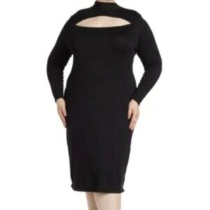 Black Long Sleeve Mock Neck Cutout Bodycon Sweater Midi Dress Chic 90s Boho